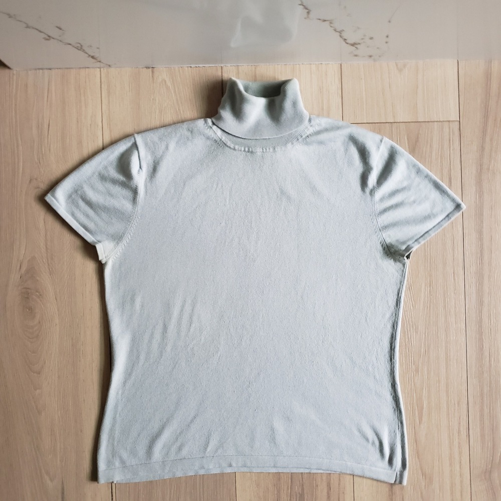 Brooks Brothers Turtleneck Sweater Womens L Blue Silk Cashmere Short Sleeve Knit